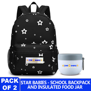 Star Babies School Backpack & Mini Insulated Food Jar Set - Black/Grey - 2 Pcs