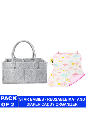 Star Babies - Reusable Printed Changing Mat & Diaper Caddy Organizer Set - Grey/Pink - 2 Pcs