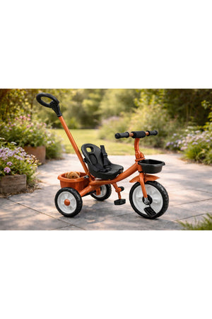 StarMarz Kids Tricycle with Push Handle | Toddler Ride-On Bike with Safety Seat, Backrest & Storage Basket | Baby Trike for Boys & Girls (1–4 Years) - Brown