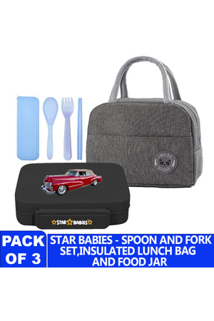 Star Babies Insulated Mini Lunch Bag with 5 Compartment Lunch Box and Fork-Spoon Set- Gray
