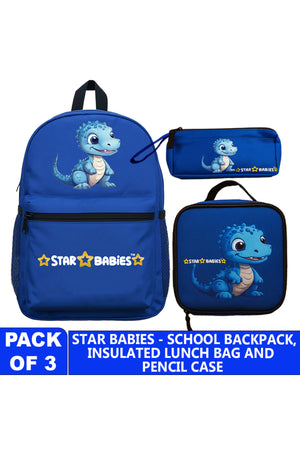 Star Babies 16-Inch Dino Themed Children's Backpack with Adjustable Shoulder Strap for Hiking Large with Bento Lunch Bag and Dual Zipper Pencil Case Pack of 3