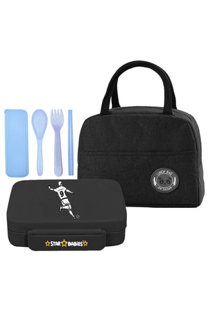 Star Babies Insulated Mini Lunch Bag with 5 Compartment Lunch Box and Fork-Spoon Set- Black