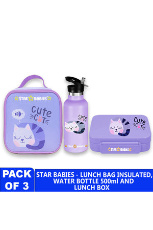 Star Babies- Cute cat themed 5 Compartment Lunch box, Lunch Bag 500ml Stainless Steel Water Bottle
