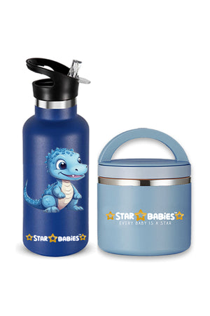 Star Babies Dino Theme Anti Spil Stainless Steel 500ml Water Bottles, Vacuum Insulated Double Wall Travel Bottle with Leak-Proof hot and cold with a special Straw 3 to 6 Years- Navy Blue With food jar Blue - 500ml