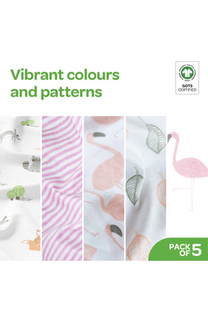 MOON Organic Baby Body Suit Set of 5 for Girls for 6-9 Months - Pink.