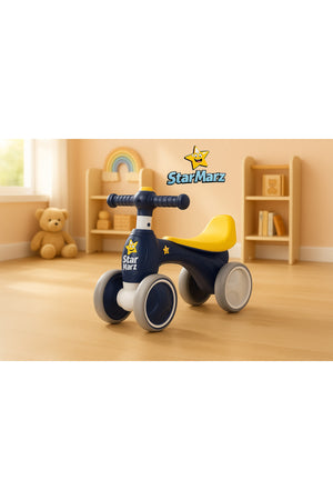 StarMarz Baby Balance Bike – 4-Wheel Toddler Training Bike with Soft Seat, Safe Handlebar & Silent Wheels – Indoor/Outdoor Ride-On for Babies (10–36 Months) – Navy & Yellow