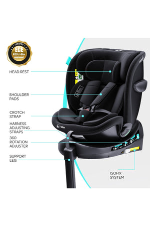 MOON Gyro Pro+ i-Size 360° Rotating Car Seat w/ leg Support and ISOFIX for 40-150cm (Group 0+-1-2-3) 0m to 12Yr- ECE R129/E4 – Black