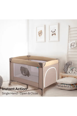 MOON Kidora Easy-Fold Playpen with Wheels, Storage & Edge Protection-Beige