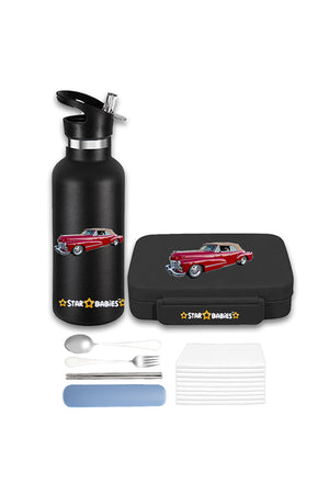 Star Babies - Star Babies Retro Car Bento Lunch Box with 4 Compartments, BPA Free, Leak-Proof with Anti Spil Stainless Steel 500ml Water Bottles, Vacuum Insulated Double Wall Travel Bottle with Leak-Proof Straw Lid
