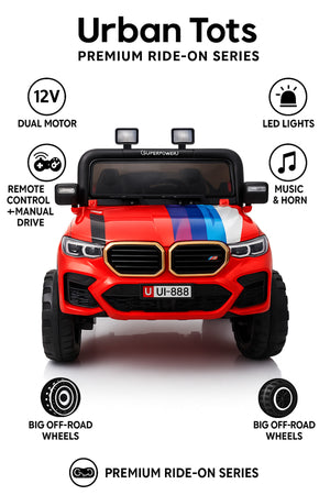 Urban Tots UT-888 Electric Ride-On Jeep for Kids – 12 V Rechargeable Battery Car with Dual Motor, Remote Control, LED Lights & Music Player – Sport Style ( Red )