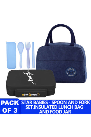 Star Babies Insulated Mini Lunch Bag with 5 Compartment Lunch Box and Fork-Spoon Set- Navy