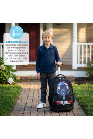 MOON Licensed Top Gun 3-in-1 Kids Trolley Backpack Set - (18-Inch) Premium Kids School Bag with Lunch Bag & Pencil Case-Black