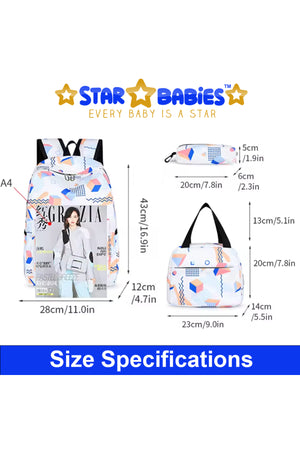 Star Babies - Preppy Style Rainbow Color School Backpack With Lunch Box Bag & Pencil Case - 3pcs Set - White