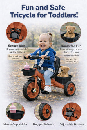 StarMarz Toddler 3-Wheel Tricycle Ride-On Toy with Safety Seat, Cup Holder & Rear Storage Basket - Brown