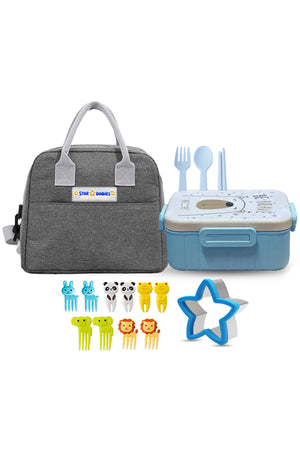 Kids Lunch Kit – Gray Insulated Lunch Bag + Bento Box with , Sandwich Cutter & Fruit Picks free