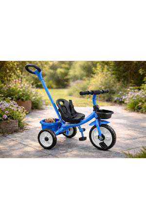 StarMarz Kids Tricycle with Push Handle | Toddler Ride-On Bike with Safety Seat, Backrest & Storage Basket | Baby Trike for Boys & Girls (1–4 Years) - Blue