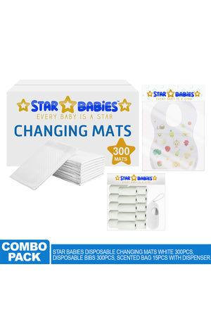 Star Babies - Changing Mats 300pcs, Bibs 300pcs and Scented Bag 15pcs with Refill - White