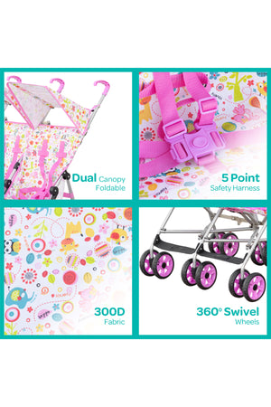 MOON Jet Plus Twin Buggy Lightweight Travel strollers -Umbrella Fold- up to 30Kg,6m+ -Pink