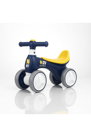 StarMarz Baby Balance Bike – 4-Wheel Toddler Training Bike with Soft Seat, Safe Handlebar & Silent Wheels – Indoor/Outdoor Ride-On for Babies (10–36 Months) – Navy & Yellow