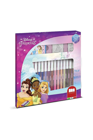 Disney Princess 18 Felt Tip Pen Set with Stamps & Ink Pad – Kids Coloring & Drawing Activity Set in Cardboard Box – Creative Stationery Gift for Girls