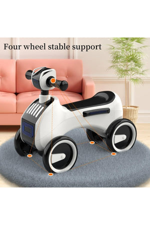 StarMarz LED Music Ride-On Bike – Foot-to-Floor Baby Push Scooter with Lights, Music, Steering Handle & Stable 4-Wheel Design – Indoor/Outdoor Toddler Ride-On Toy (1–4 Years) – White Edition