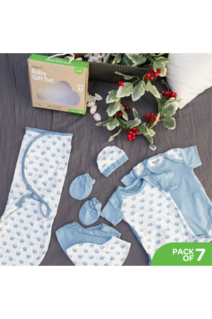 MOON Organic Baby Gift Set of 7 - Rompers-Swaddle-Bibs-Hat-Mitten set– for 3 - 6 Months - Blue