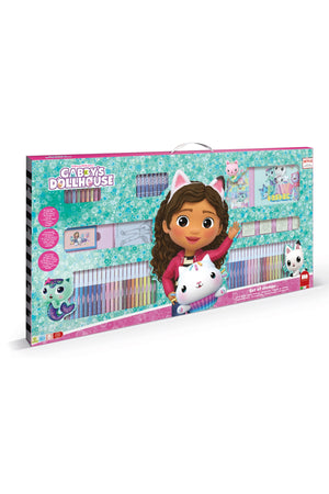 Gabby’s Dollhouse Mega Maxi Art & Craft Set – 60 Washable Markers, 10 Pencil Crayons, 10 Wax Crayons, 6 Wooden Stamps with Ink Pad, Coloring Book, Notebook & 30 Stickers – Kids Creative Stationery Kit