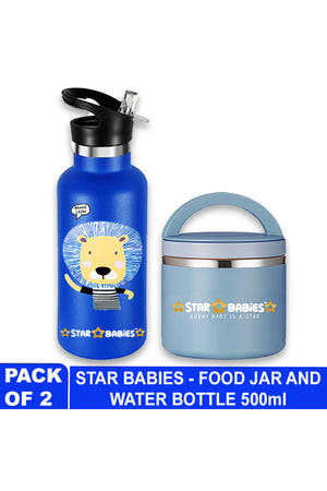 Star Babies Brave Lion Theme Anti Spil Stainless Steel 500ml Water Bottles, Vacuum Insulated Double Wall Travel Bottle with Leak-Proof hot and cold with a special Straw 3 to 6 Years- Blue with food jar Blue - 500ml