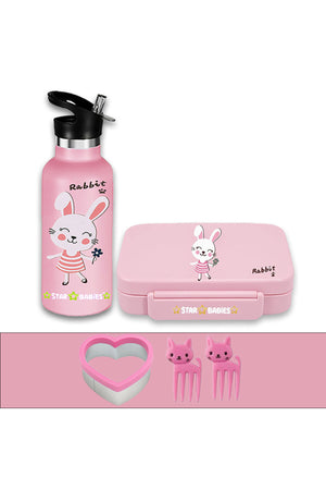 ستار بيبيز - ستار بيبيز Cute Rabbit علبة غداء بينتو مع 4 أقسام, خالية من BPA, مانع للتسرب مع Anti Spil فولاذ مقاوم للصدأ 500مل ماء زجاجات, حراري معزول حراريًا مزدوج Wall السفر زجاجة مع مانع للتسرب غطاء بفتحة شفط