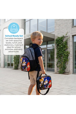MOON Licensed SONIC the Hedgehog 3 in 1 Kids Trolley Set - (17-Inch) Premium Kids School Bag with Lunch Bag & Pencil Case-Black&Grey