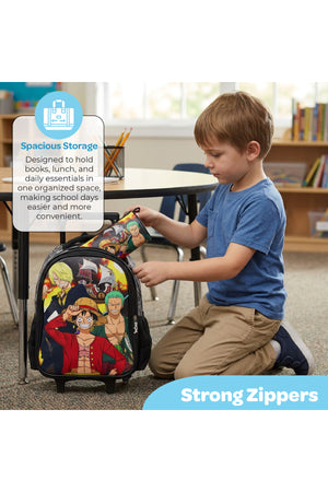 MOON Licensed One Piece 3 in 1 Kids Trolley Set - (16-Inch) Premium Kids School Bag with Lunch Bag & Pencil Case- Black