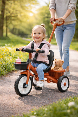 StarMarz Kids Tricycle with Push Handle | Toddler Ride-On Bike with Safety Seat, Backrest & Storage Basket | Baby Trike for Boys & Girls (1–4 Years) - Brown