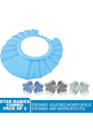 Star Babies Adjustable Shower Cap + Baby Boy's Knee Pad Pack of 3 - Blue
