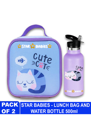 Star Babies Cute Cat Themed Bento Lunch Bag , Toddler-Friendly, 3 Years+, Easy to clean -with 500ml Stainless Steel Water bottle
