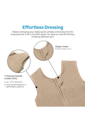 MOON Organic Crinkle Muslin Sleep sack 1 Tog (0-6 Months )-Brown