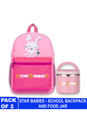 Star Babies Cute Rabbit theme Black 16-Inch Children's Backpack for boys Adjustable Shoulder Strap- Pink With food jar , Pink -500ml