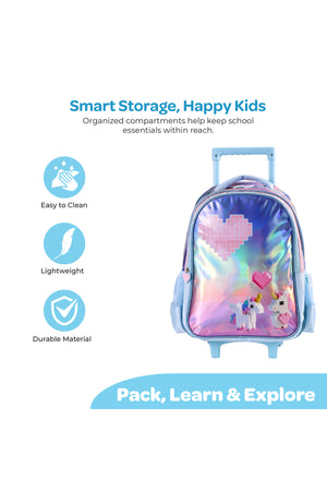 MOON Unicorn 3 in 1 Kids Trolley Set - (16-Inch) Premium Kids School Bag with Lunch Bag & Pencil Case- Pink &Blue