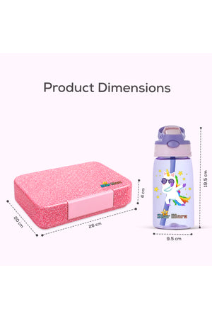 StarMarz - Little Princes Pink Bento Glitter Lunch Box with Plastic Water Bottle Dancing Unicorn (480ml) - Purple