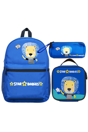Star Babies 16-Inch Lion Themed Children's Backpack with Adjustable Shoulder Strap for Hiking Large with Bento Lunch Bag and Dual Zipper Pencil Case Pack of 3