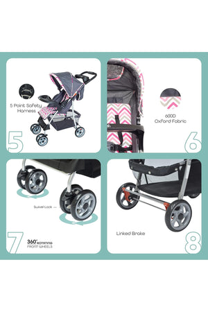 MOON Trek - One Fold Stroller - Pink Stripes