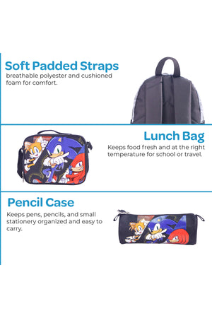 MOON Licensed SONIC the Hedgehog 3 in 1 Kids Trolley Set - (17-Inch) Premium Kids School Bag with Lunch Bag & Pencil Case-Black&Grey