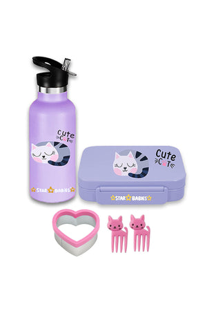 Star Babies Anti spill Cute Cat themed Stainless Steel 500ml Water Bottles, Vacuum Insulated Double Wall Travel Bottle with Leak-Proof hot and cold with 5 compartment Lunch box along with 2 fruit picks and Sandwich Cutter for free