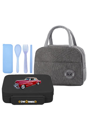 Star Babies Insulated Mini Lunch Bag with 5 Compartment Lunch Box and Fork-Spoon Set- Gray