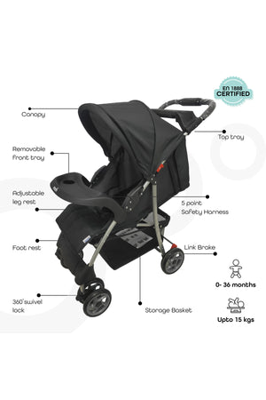 MOON Bezik - One Fold Stroller,Black + Grey dots