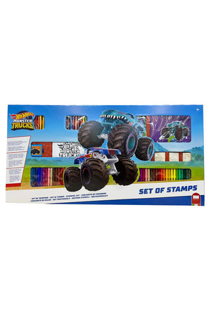 Monster Truck Mega Maxi Art & Stamp Set for Kids – 6 Wooden Rubber Stamps, Washable Ink Pad, 60 Washable Colour Markers, Crayons, Colouring Book, Notebook & Stickers