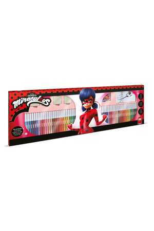 Miraculous Ladybug Mega Art Case for Kids – 86x54cm Set with 60 Felt Tip Pens, 10 Pencil Crayons, 10 Wax Crayons, 6 Stamps, Ink Pad, Coloring Book, Notebook & 30 Stickers