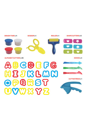 MOON Kid's Dough Alphabet Cutter Set. 4 x 50g dough pot.