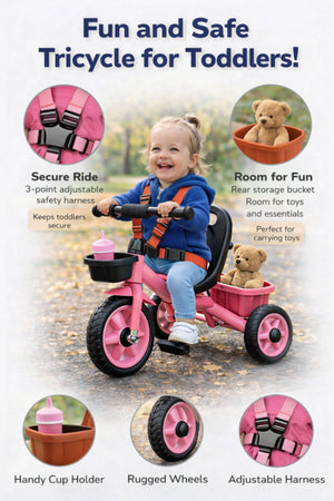 StarMarz Toddler 3-Wheel Tricycle Ride-On Toy with Safety Seat, Cup Holder & Rear Storage Basket - Pink