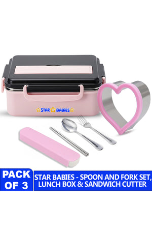 Star Babies - Stainless Steel Lunch Box & Cutlery Set with Sandwich Cutter Combo- set of 3.