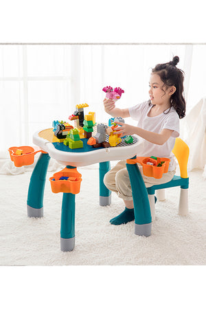 Kikibebe Plum Blossom Shape Building Block Table With Chair – 100 Pieces Building Blocks – Deep Lake Green